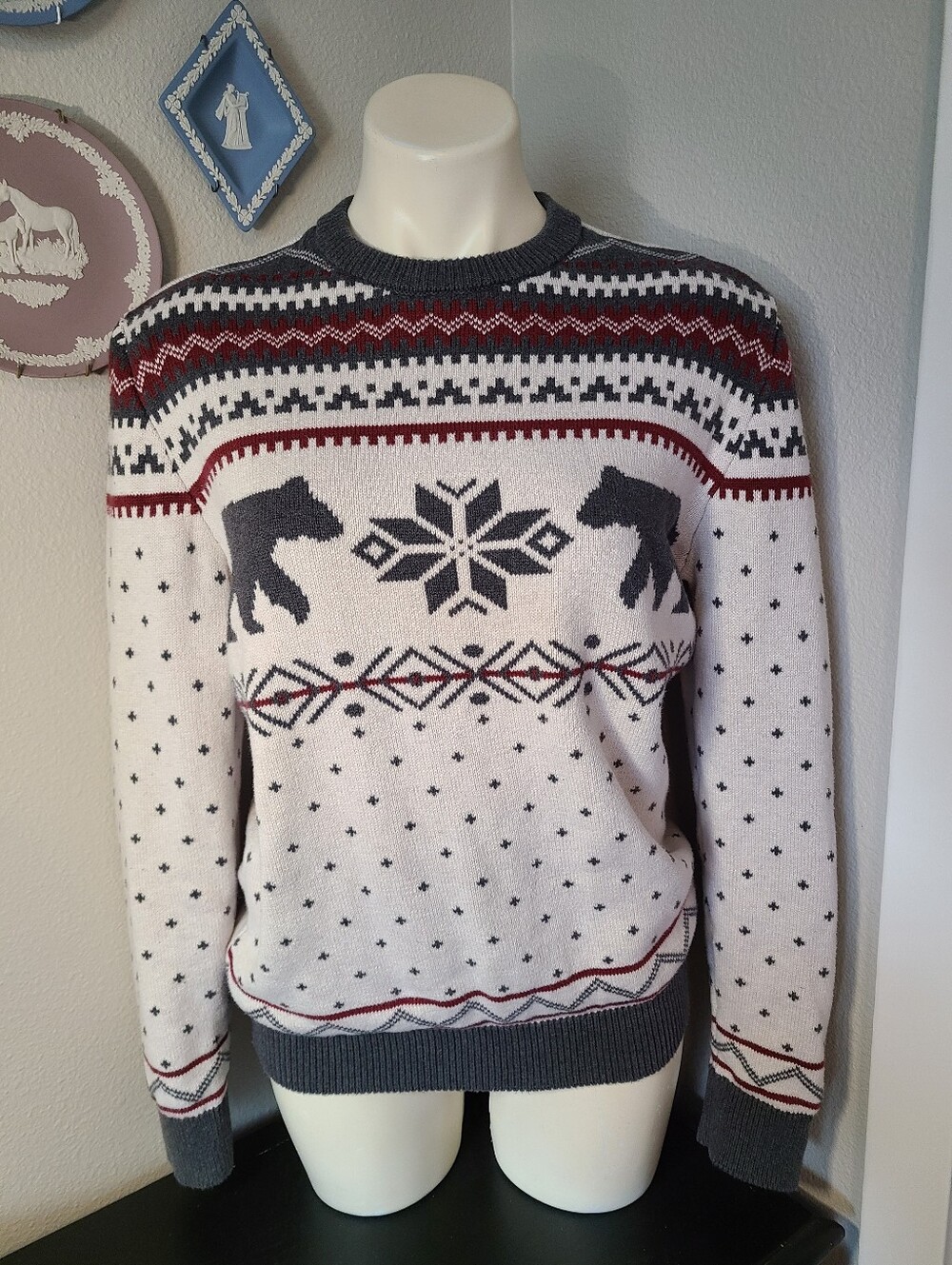 Lands' End Nordic Fair Isle Bear Snowflake Sweater Men's S Unisex 100% Cotton